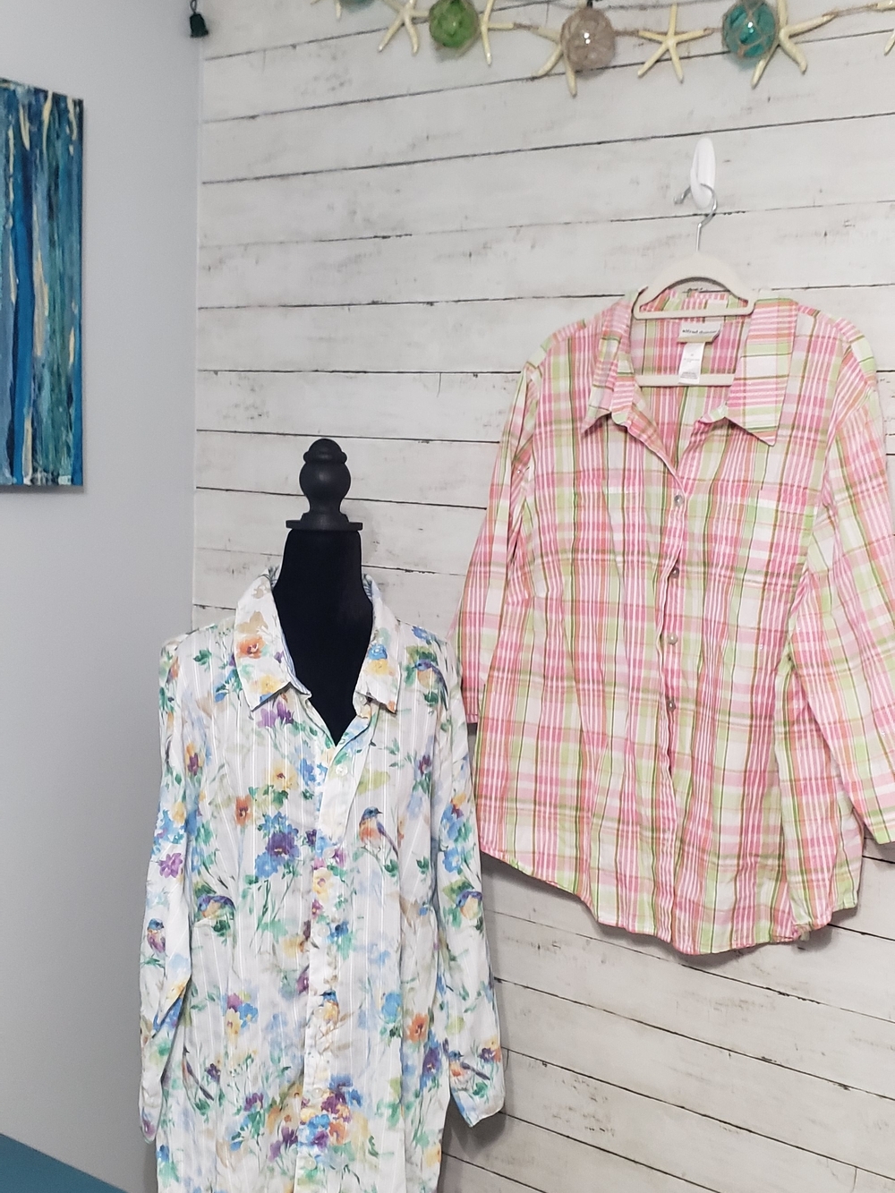 2-Blouses By Alfred Dunner Pink Green Plaid Button-Up-Blue white Floral 3/4 Sl